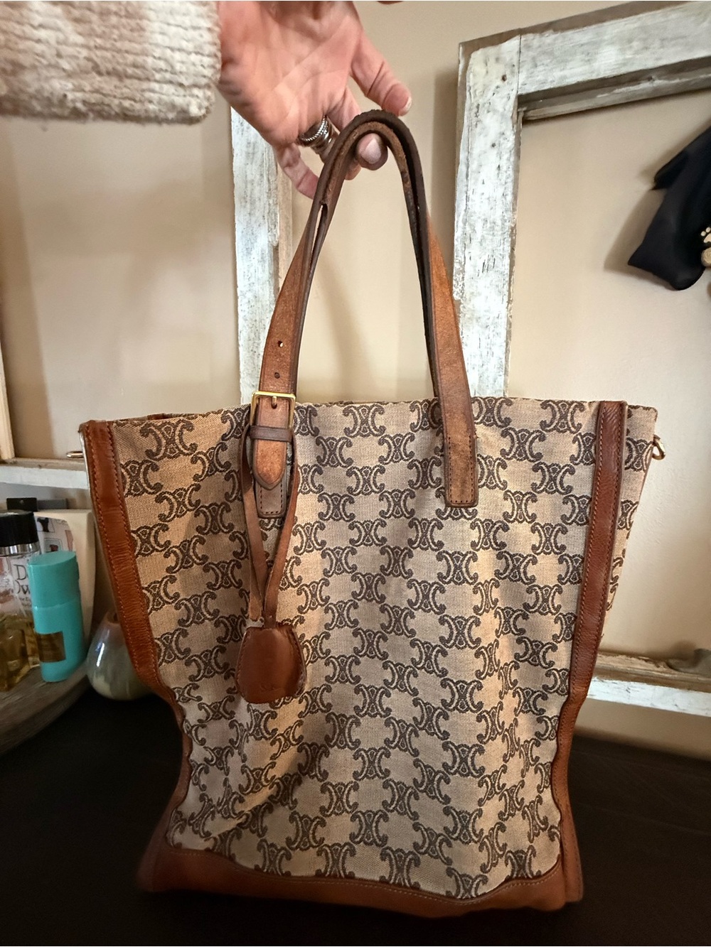 Celine Vintage  Macadame Brown Logo Canvas Tote with Leather Trim